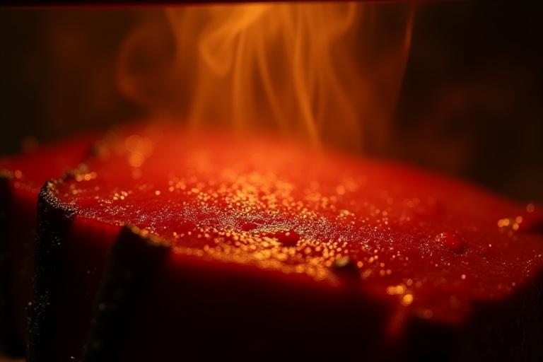 A close-up of a brisket slice under a GleamBeam light, highlighting the perfect smoke ring and juicy texture.