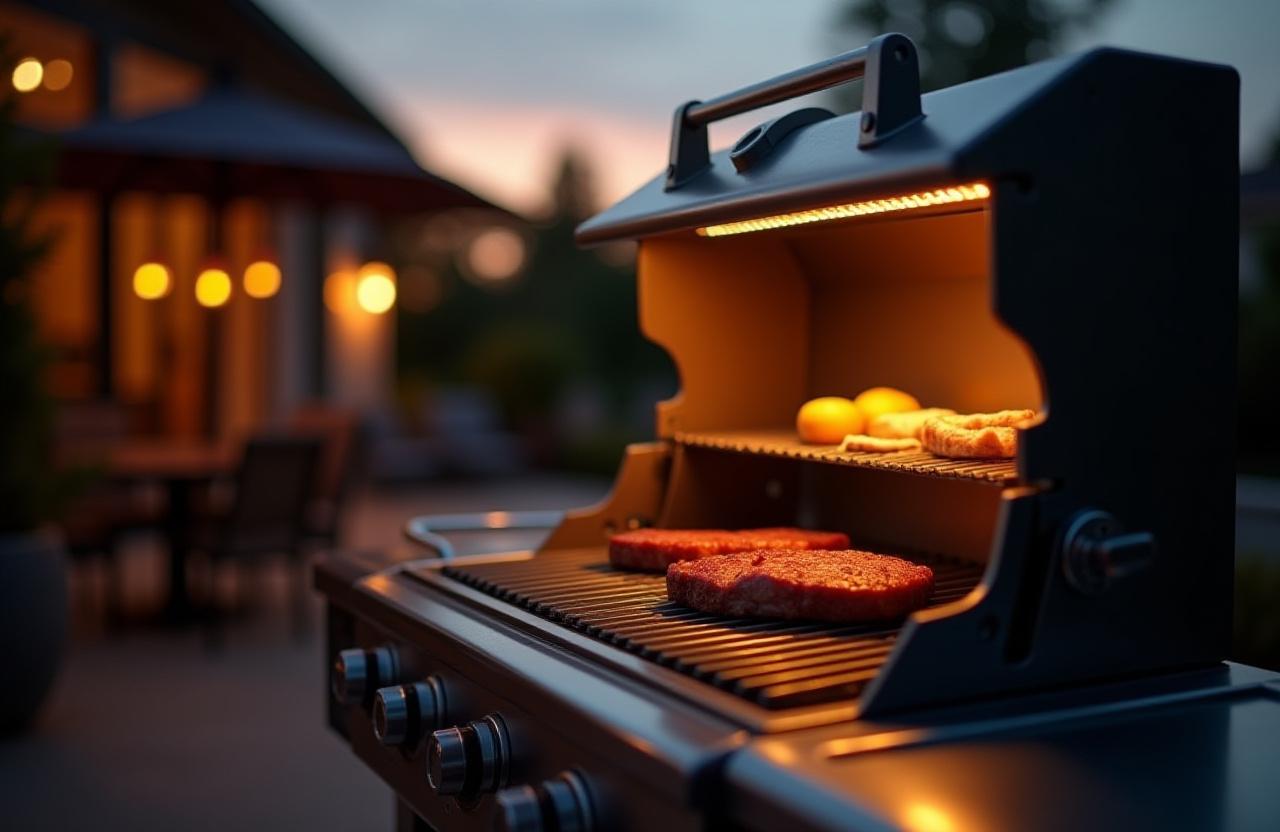 A high-end stainless steel grill at dusk, perfectly illuminated by a warm, focused light, with a perfectly seared steak on the grates.