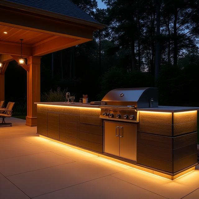 A stunning modern outdoor kitchen at night, fully illuminated with warm, integrated LED strip lights under countertops and around the grill.