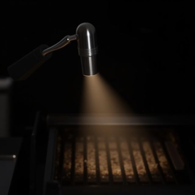 A sleek, metallic grill light mounted on the handle of a BBQ, casting a perfect circle of light.