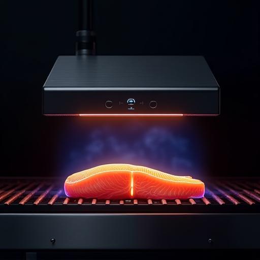 A sleek sensor module mounted above a grill, with a graphic overlay showing infrared heat mapping on a piece of salmon.
